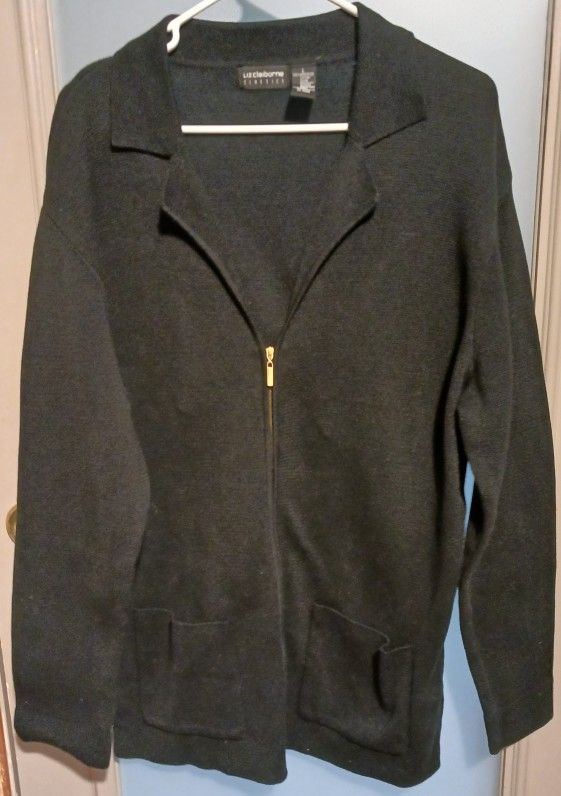 WOMEN'S LIZ CLAIBORNE PETITES BRAND, HEAVY, ZIP UP, BLACK CARDIGAN, SIZE LARGE