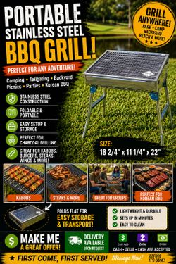 🔥 PORTABLE STAINLESS STEEL FOLDING BBQ GRILL 🔥
Perfect for camping, tailgating, backyard cookouts, park BBQs, picnics, and Korean BBQ nights!