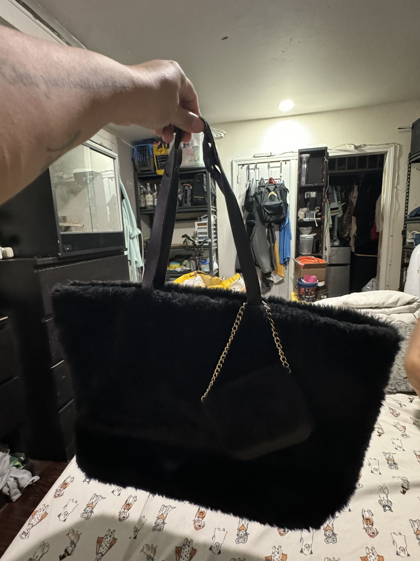 Black Fuzzy Purse With A Mini Purse