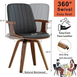 Swivel Dining Chairs, Set of 2 Kitchen Swivel Chairs with Walnut Craftsmanship, Upholstered Faux Leather, Wooden Arms and Legs, Walnut Dining Chairs f
