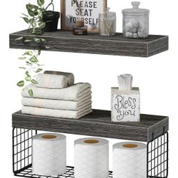 Wall Mounted Floating Shelves with Basket,  Set of 2, Grey
