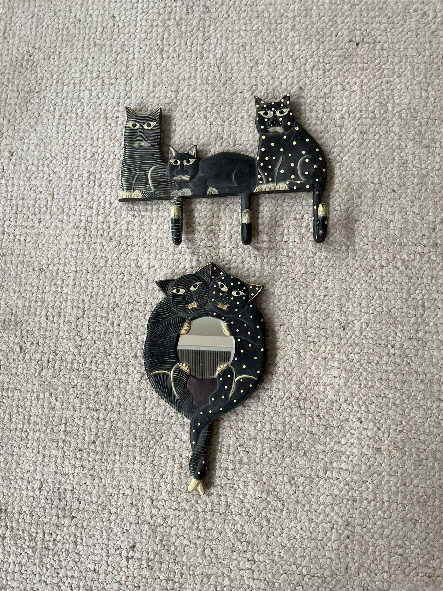 Hand Made Hanging Wooden Cat Mirror And Hat Rack