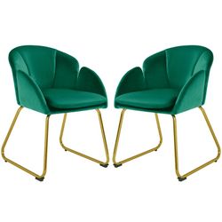 2pcs Flower Shape Velvet Armchair Dining Chair with Golden Metal Legs for Living Room, Green
