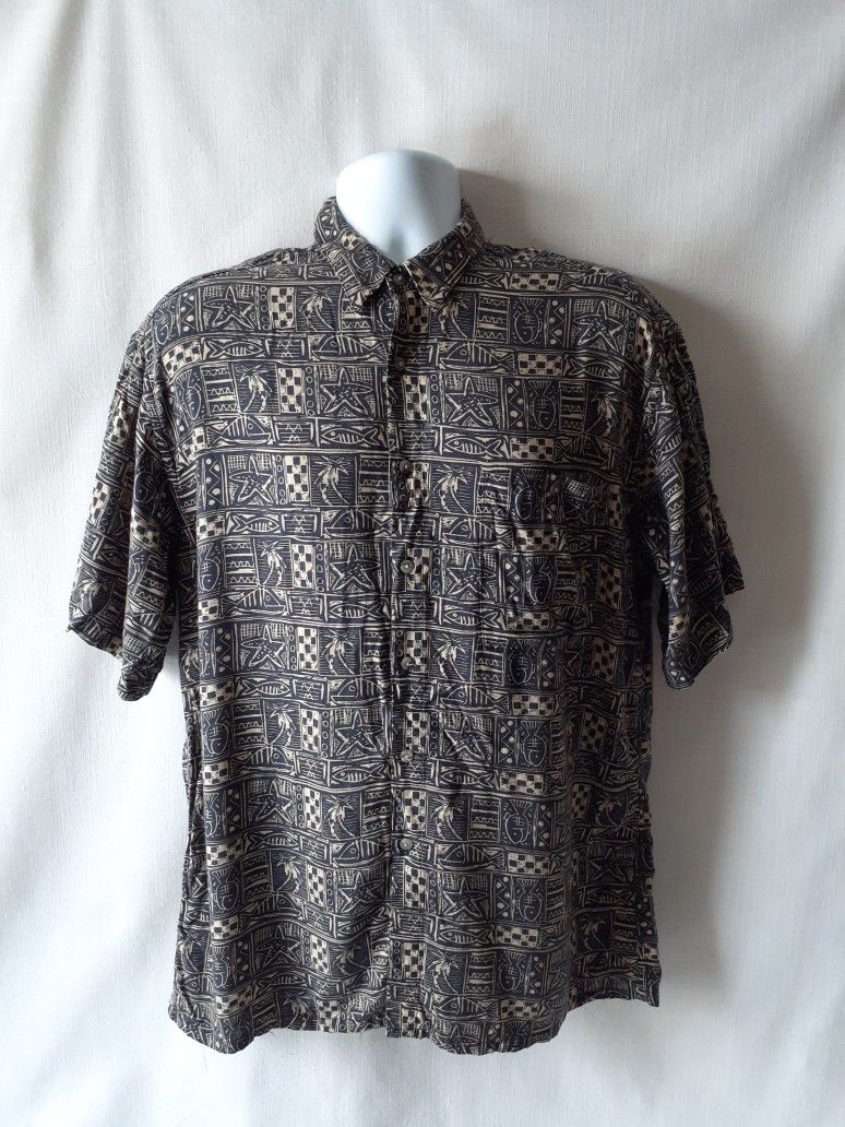 Pierre Cardin men's beige/black Hawaiian short sleeve button-down shirt size L