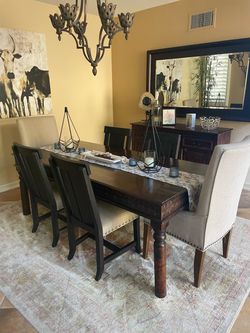 Dark Wood Dining Table with Carved Apron