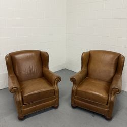 Walter E. Smithe Leather Wingback Chairs & Ottomans-Delivery Available 