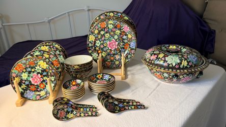 Vintage Chinese Cloisonné covered serving dish & matching dish set
