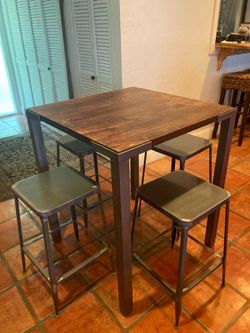 CB2 Stilt  Table and 4 Flint Counter Stools