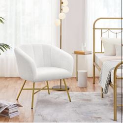Boucle Barrel Chair, Modern Living Room Chair with Metal Legs and Soft Padded, Comfy Side Chair for Bedroom/Office/Study/Waiting Room, White