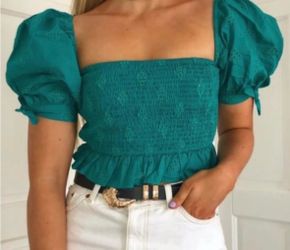Zara green teal smocked eyelet puff sleeves square neck crop top, size XS