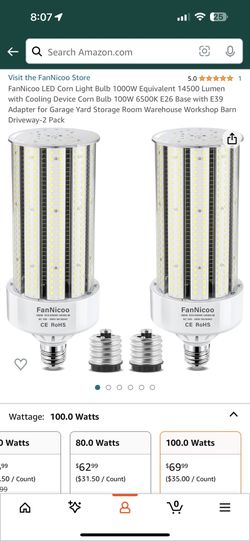 LED Corn Light Bulb 1000W Equivalent 14500 Lumen with Cooling Device Corn Bulb 100W 6500K E26 Base with E39 Adapter for Garage Yard Storage Room Wareh