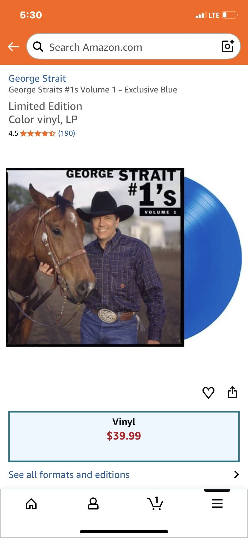 George Straits #1s Volume 1 - Exclusive Blue Limited Edition Color vinyl, LP  This album is a compilation of some of George Strait's biggest hits on v