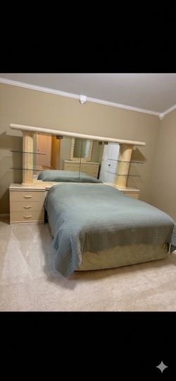 Vintage Bed Frame w/ Mirror Headboard & Storage Shelves