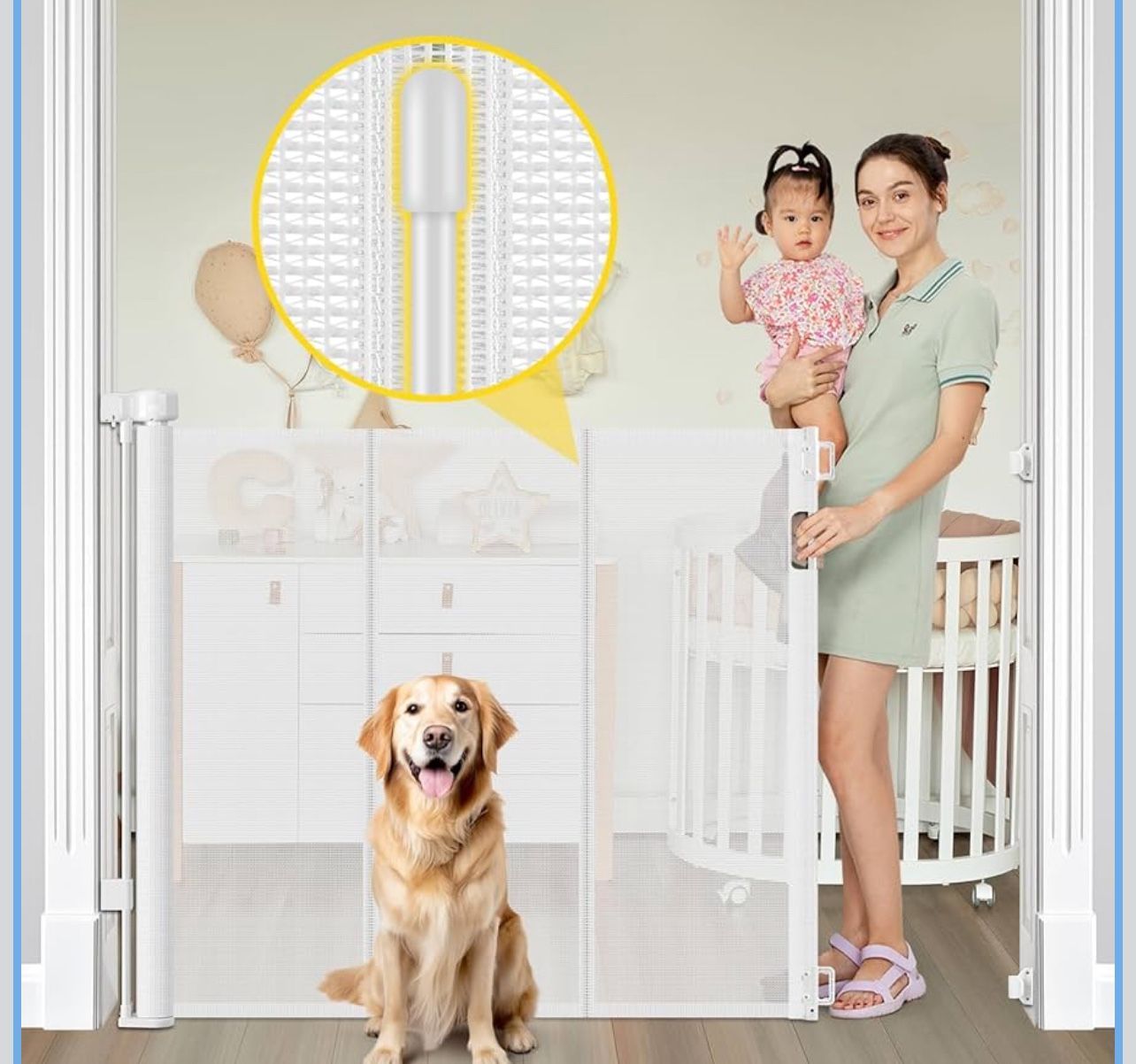 Reinforced 42” Extra Tall Retractable Dog Gate for Doorways 60” Wide Mesh 