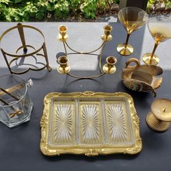 Lot Antique Vintage Gold Crystal Wedding Holiday Tableware Glass Dish Decor