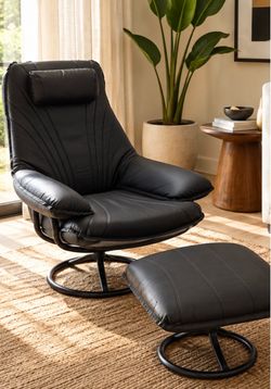 Vintage Mid-Century Modern Black Leather Lounge Chair & Ottoman