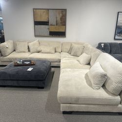 Plush Beige Corduroy Fabric Sectional 🔥 Free Big Ottoman 