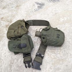 VTG US Military Tactical Belt w/ Canteen + Ammo Clip Pouches - ARMY Green