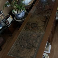 Oriental wood carved long coffee table with 2 sides table