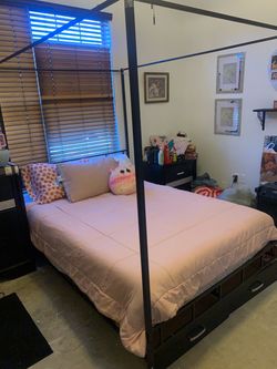 Canopy black bed with memory foam mattress
