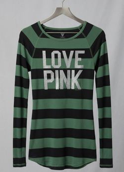 LIKE NEW VINTAGE VICTORIA'S SECRET PINK LOGO FOREST GREEN BLACK  STRIPE LOVE LONG SLEEVED HENLEY SHIRT BLOUSE TOP SIZE SMALL SM