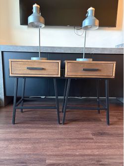 Modern Industrial Nightstands (Set of 2) – Wood & Black Metal