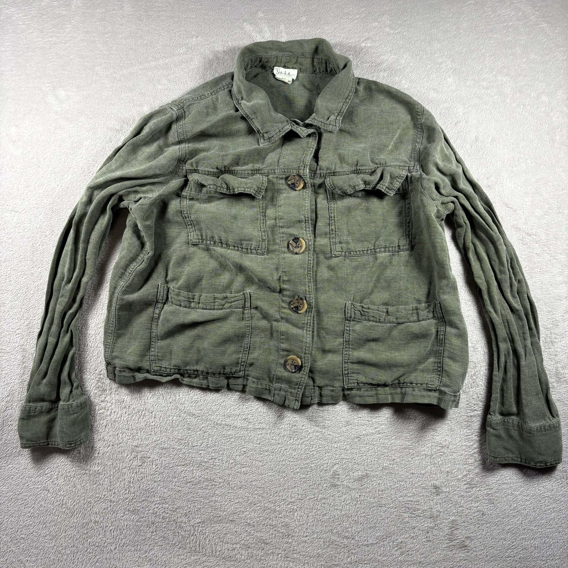 Nicole Miller Linen Shirt Jacket Women’s XL Green Button Up Collar Classic#1939
