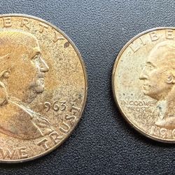 1963 Franklin Half and Washington Quarter Proof Toned