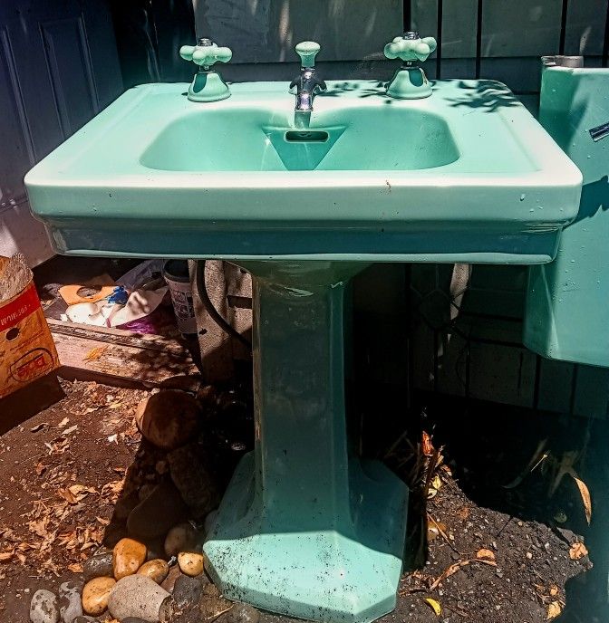 Green 1930s Pedestal Sink With Original Hardware Matching Toilet