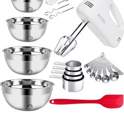-Speed Electric Hand Mixer, 4 Large Mixing Bowls Set, Handheld Mixers with Whisks Beater, Stainless Steel Metal Nesting Bowl Measuring Cups Spoons Kit