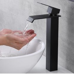 Black Bathroom Sink Faucet, Matte Black And Nickel Tall Waterfall F16N $40