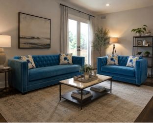 Blue Velvet Tufted Sofa and Loveseat Set
