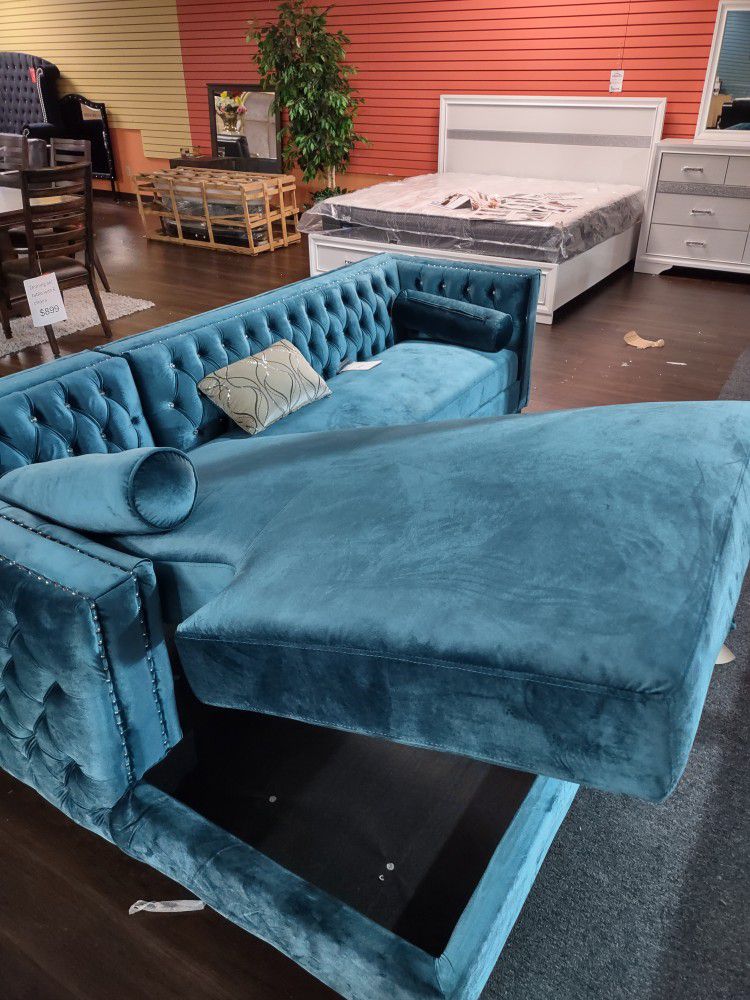 New Sectional Sofa In Diamond Tufted Teal Velvet