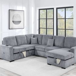 Brand New Gray Corduroy 4-Piece Convertible Sectional
Sleeper Sofa, Chaise Storage, Sofa Storage & USB Port