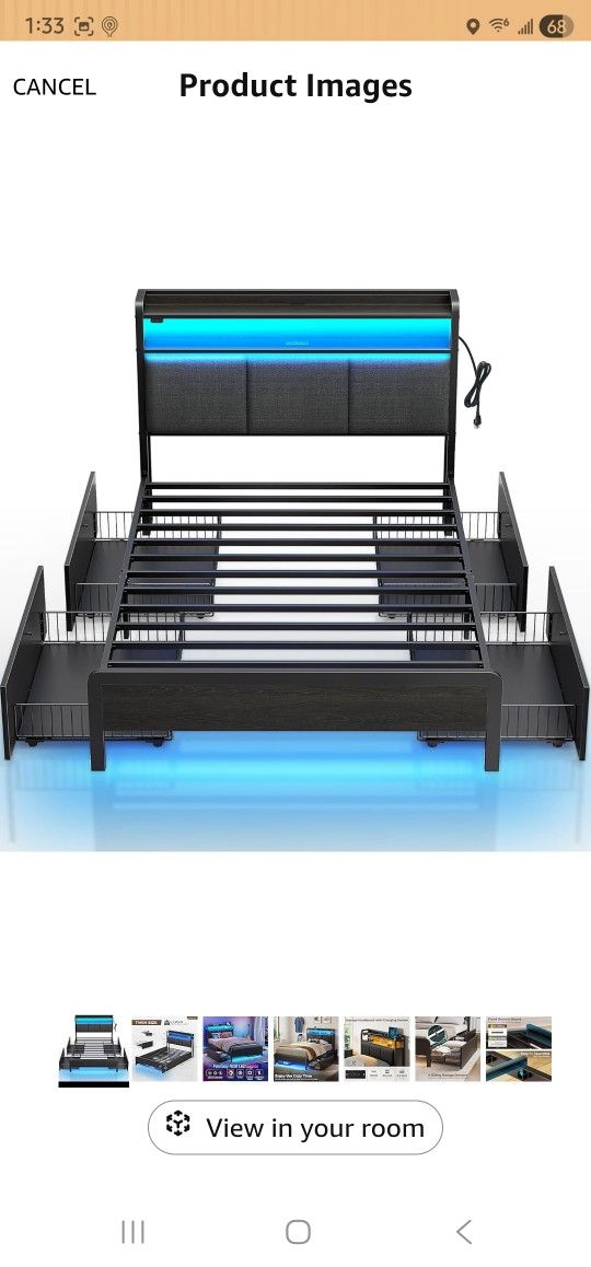 Rolanstar Bed Frame Twin Size with Charging Station and LED Lights, Upholstered Storage Headboard with Drawers, Heavy Duty Metal Slats, No Box Spring 