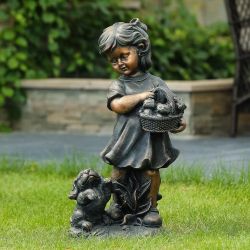 LuxenHome Bronze MGO Girl Holding Basket of Kittens with Puppy Garden Statue,ST1175