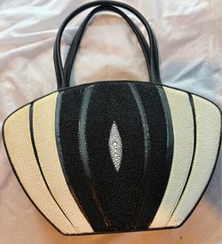 Vintage Genuine Stingray Skin Handbag Art Deco Black White Exotic Leather Purse