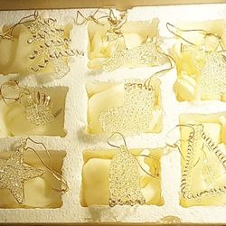 Vintage Set Of 8 Blown Glass Christmas Ornaments With Gold Trim 