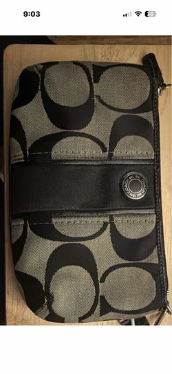 Coach Signature Logo Pattern Zip Wristlet Wallet w/ Strap - Black/Beige