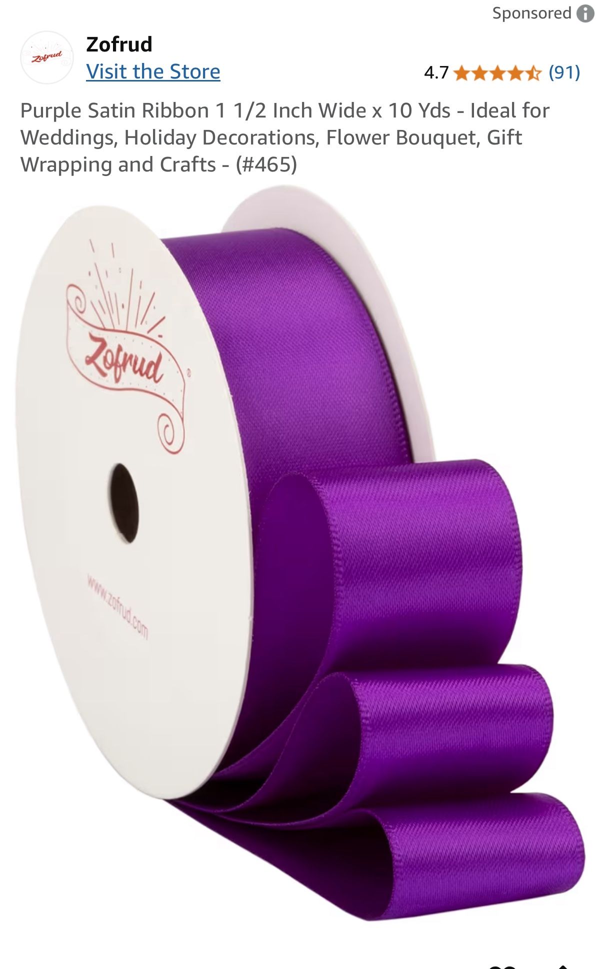 Purple Satin Ribbon 1 1/2 Inch Wide x 10 Yds - Ideal for Weddings, Holiday Decorations, Flower Bouquet, Gift Wrapping and Crafts - (#465)