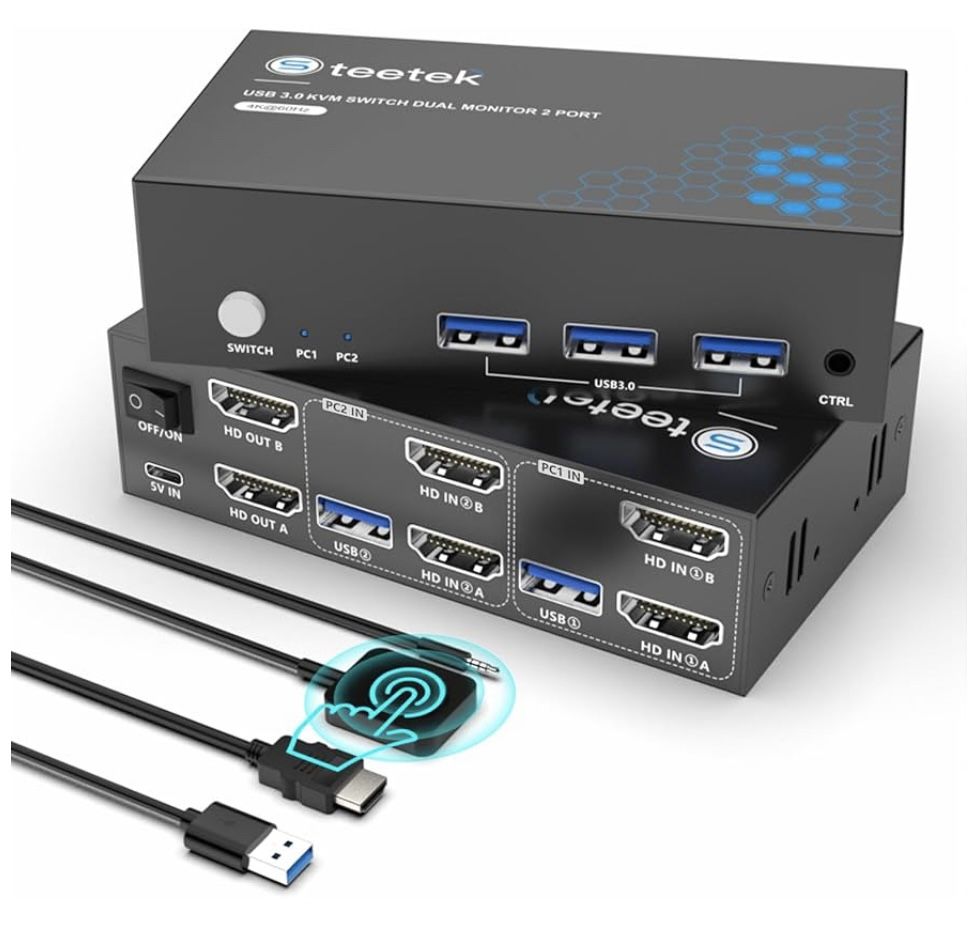 USB 3.0 HDMI KVM Switch 2 Monitors 2 Computers, 4K@60Hz KVM Switches for 2 Computers Sharing 2 Monitor Keyboard Mouse Hard Drives Printer, with EDID A