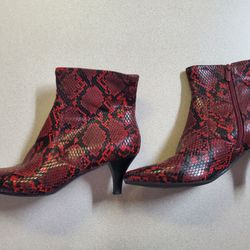 Faux Red Snakeskin Heeled Ankle Boots 