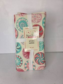 Johanna Parker Christmas Pastel Pink And Teal Blue Candy Cane Print Napkins Set