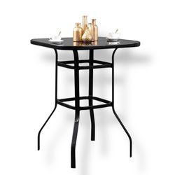 32” Bar-Height Patio Table – Black Tempered Glass & Metal, 31.5” Square, Outdoor Bistro