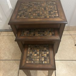 Wood Nesting Tables with Glass Mosaic Style Tile Inlay (Set of 3)