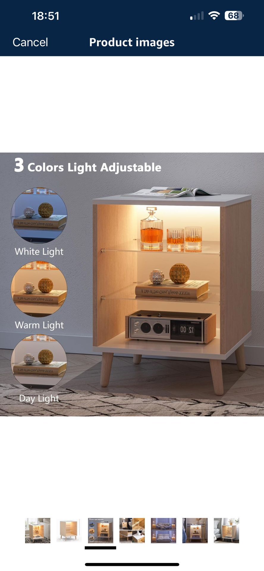 End Table LED Small Side Table with 2 Glass Shelves LED Farmhouse Bedside Table with Storage for Living Room, Bedroom and Home Office,White & Wood