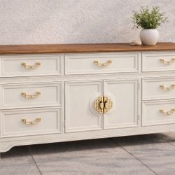 Vintage Solid Wood Dresser / Media Console – Swiss Coffee & Wood Top