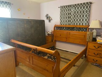 Wood Queen Sleigh Bed Frame with Decorative Iron Panels