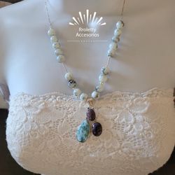 Sterling Silver 925 Necklace With Natural Stones Larimar, Amethyst And Sodalite