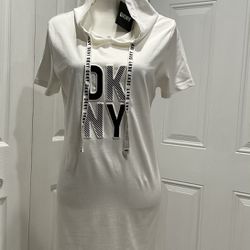NWT DKNY White 100% Cotton Hooded Shirt Dress, Size L